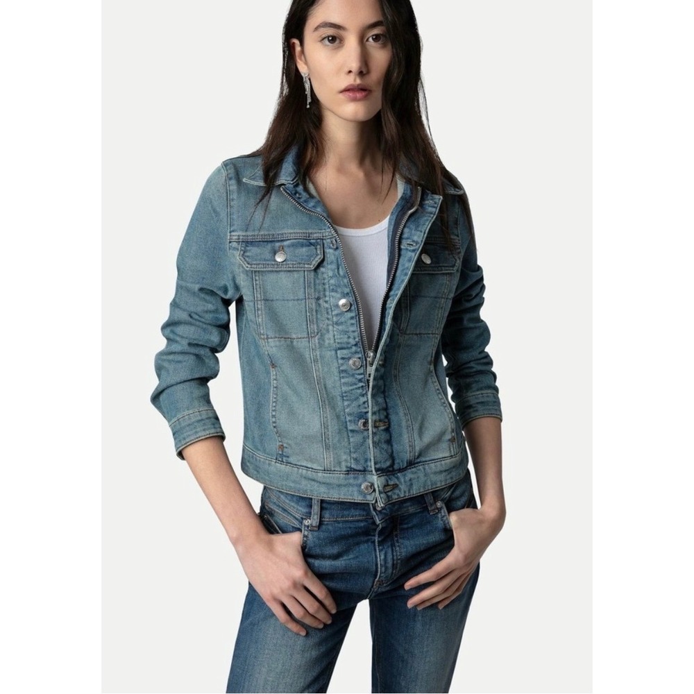 Zadig & Voltaire Denim Jacket Medium Wash Zip & Button Front Skull Graphic